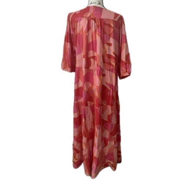 SMOCKED MAXI DRESS Sz 3XL PINK/ORANGE TIERED 3/4 Sleeve BOHO CHIC 100% RAYON - Picture 2 of 16